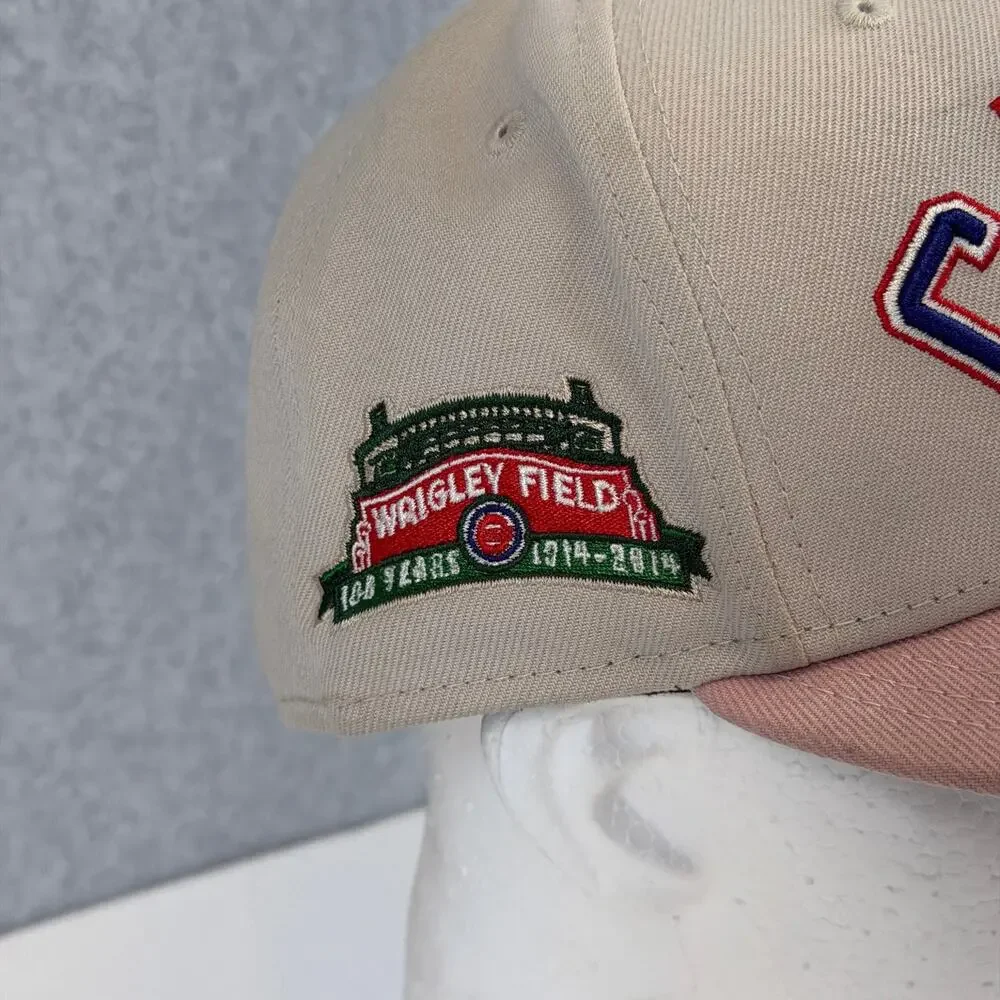 New Era 59FIFTY Chicago Cubs Hat 7 5/8 Tan Pink Cooperstown Wrigley Field 100 Yr